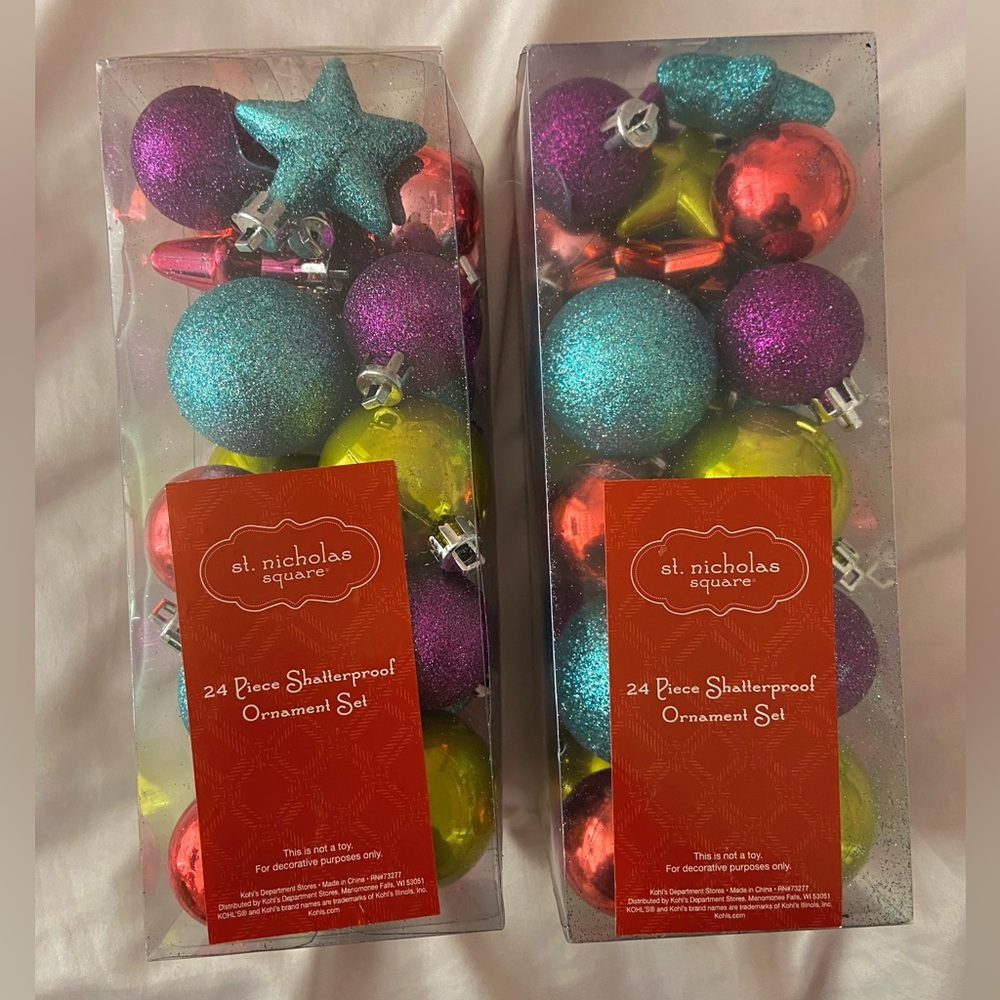 2 boxes of colorful ornaments